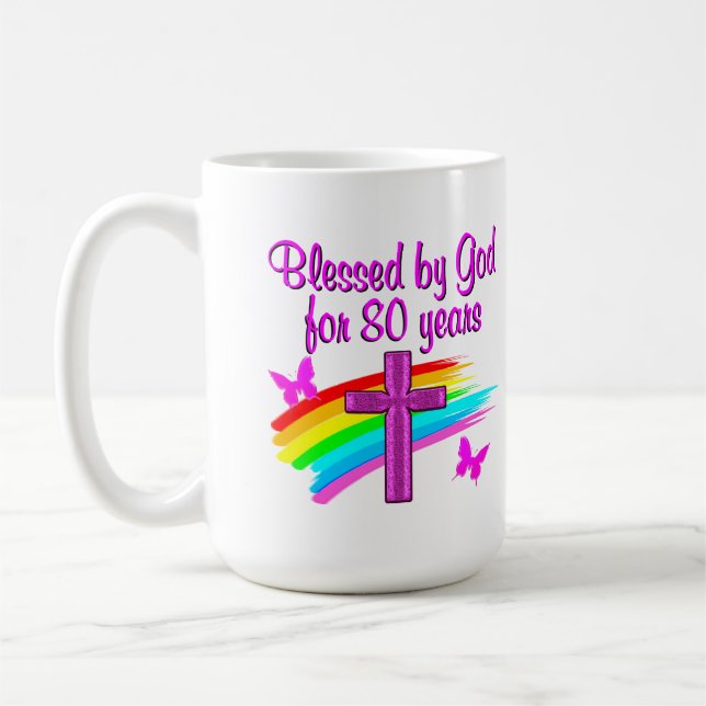 PRETTY PINK BLESSED BY GOD FOR 80 YEARS COFFEE MUG (Left)
