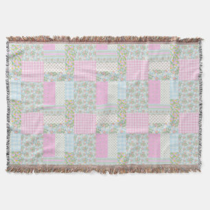 Pretty Pink Blue Dog Roses Faux Patchwork Throw Blanket