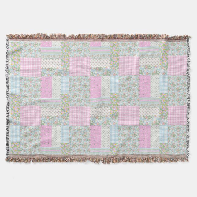 Pretty Pink Blue Dog Roses Faux Patchwork Throw Blanket (Front)