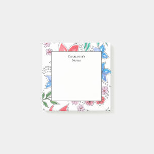 Pretty Pink Blue Floral Name Back to School Post-it Notes