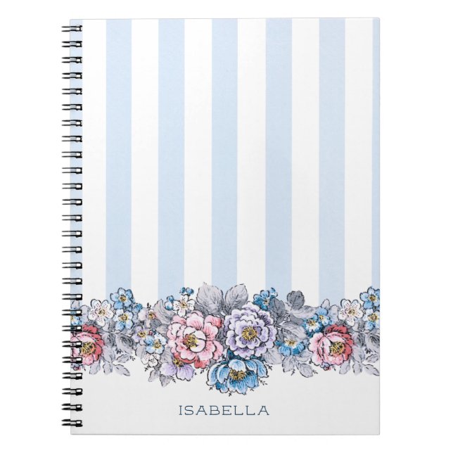 Pretty Pink & Blue Flowers & Stripes w/Name Notebook (Front)