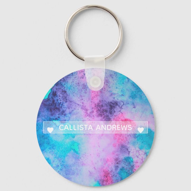 Pretty Pink Blue Purple Salty Watercolor Monogram Keychain (Front)