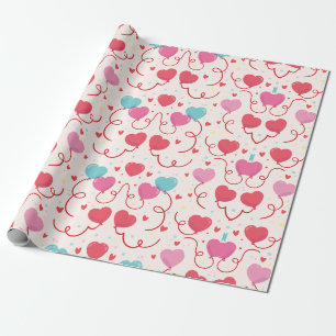 Pretty Pink Blue Red Hearts Pattern  Wrapping Paper