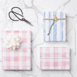 Pretty Pink Blue White Plaid Stripes Bridal Shower Wrapping Paper Sheet