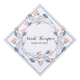 Pretty Pink Blue wildflowers Script Graduation  Cap Topper