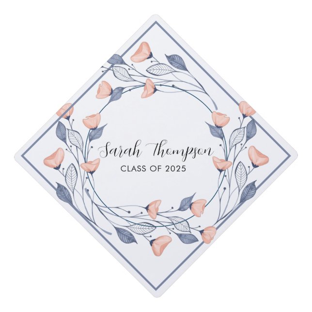 Pretty Pink Blue wildflowers Script Graduation  Cap Topper (Front)