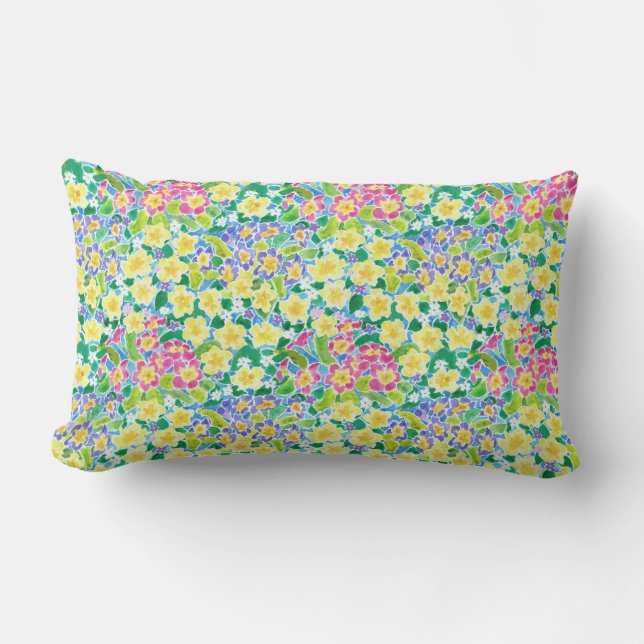 Pretty Pink, Blue, Yellow Primroses Lumbar Pillow (Front)