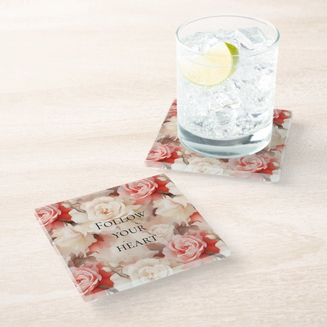 Pretty Pink Blush Cream Floral Bridal Shower Glass Coaster (Angled)