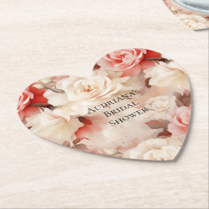 Pretty Pink Blush Cream Floral Bridal Shower Paper Coaster