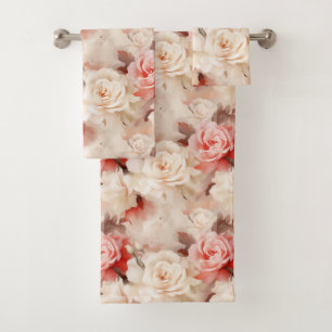 Pretty Pink Blush Cream Rose Floral Bath Towel Set