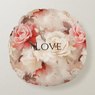 Pretty Pink Blush Cream Rose Floral Round Pillow