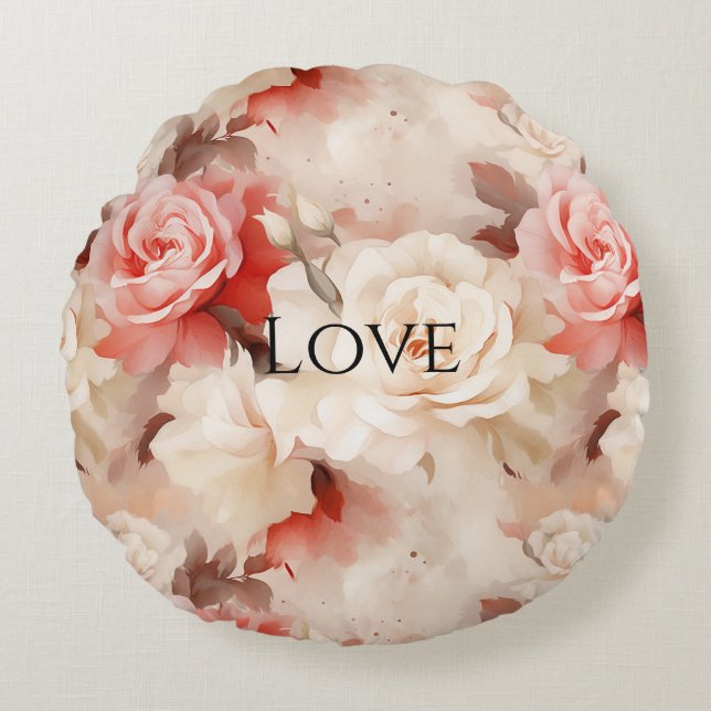 Pretty Pink Blush Cream Rose Floral Round Pillow (Front)