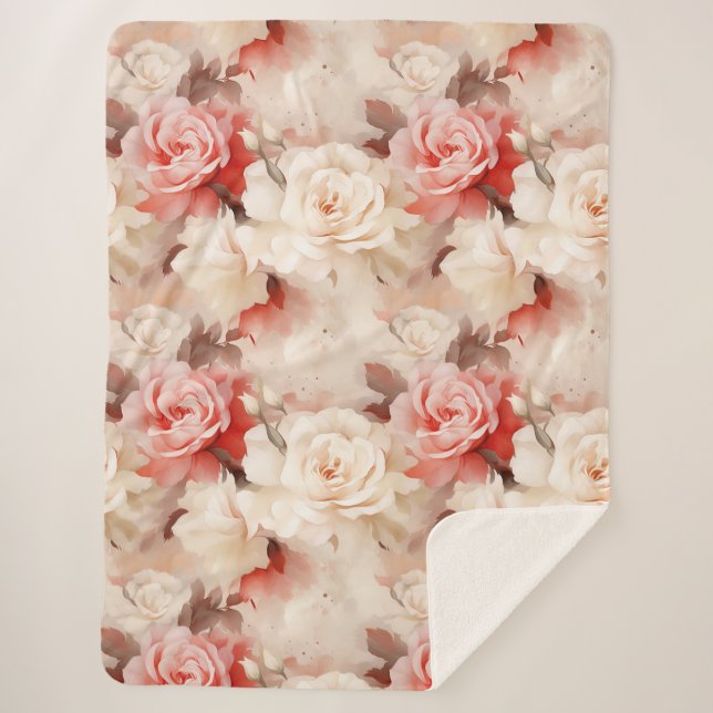 Pretty Pink Blush Cream Rose Floral Sherpa Blanket (Front)