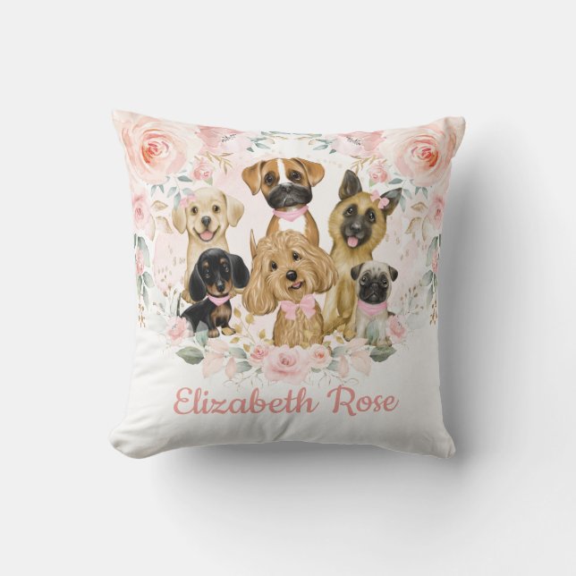 Pretty Pink Blush Floral Puppy Dogs Baby Girl Throw Pillow (Front)