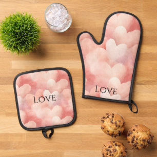 Pretty Pink Blush Hearts Love Oven Mitt & Pot Holder Set