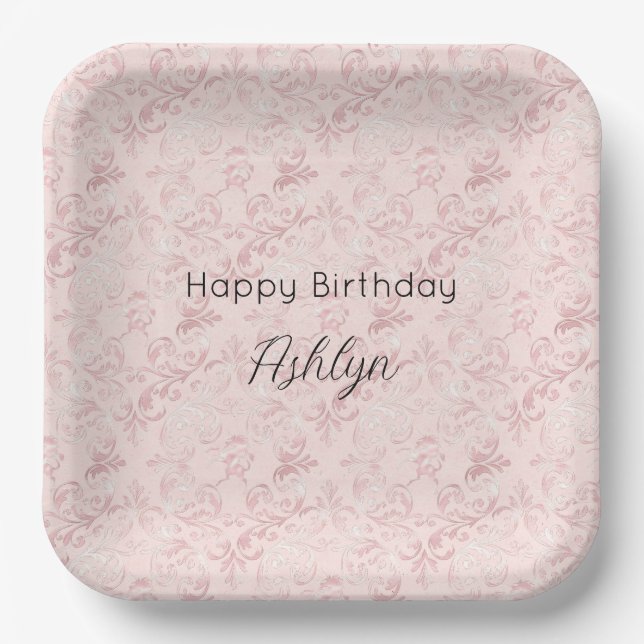 Pretty pink blush pearl birthday paper plate (Front)