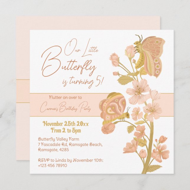 Pretty Pink Boho Butterfly Birthday Party Kids Invitation (Front/Back)