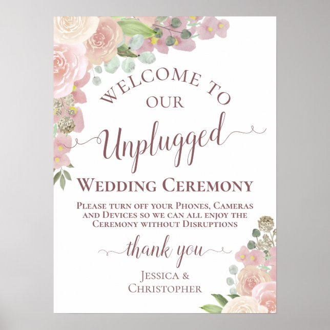 Pretty Pink Boho Floral Unplugged Wedding Ceremony Poster (Front)