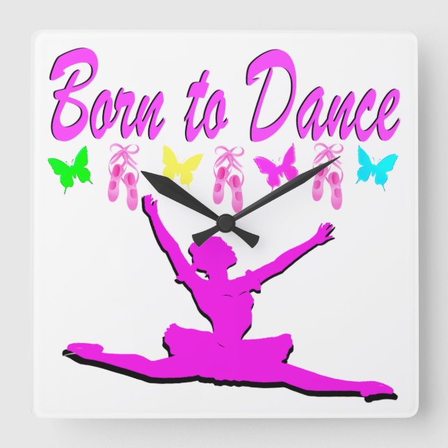 PRETTY PINK BORN TO DANCE BALLERINA DESIGN SQUARE WALL CLOCK (Front)