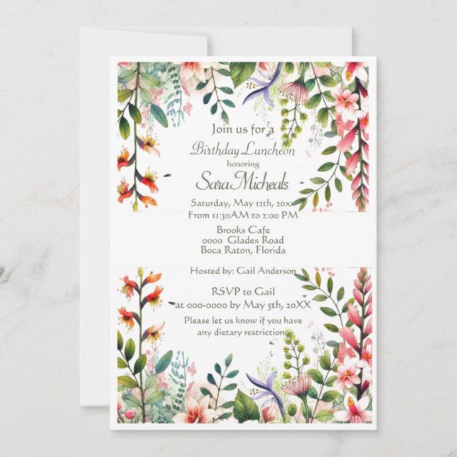 Pretty Pink Botanical Birthday Luncheon  Invitation (Front)