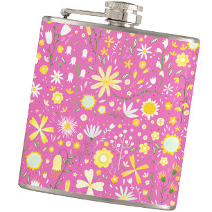 Pretty Pink Botanical Wildflower Floral Keepsake Hip Flask
