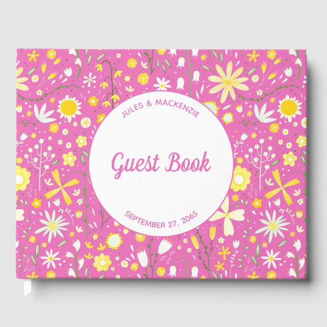Pretty Pink Botanical Wildflower Floral Wedding Guest Book (Front)