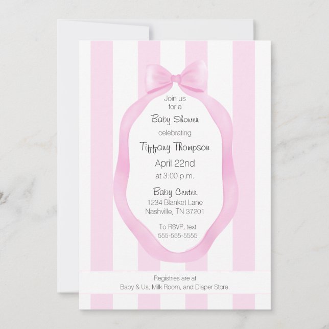 Pretty Pink Bow Wallpaper Stripes Girl Baby Shower Invitation (Front)