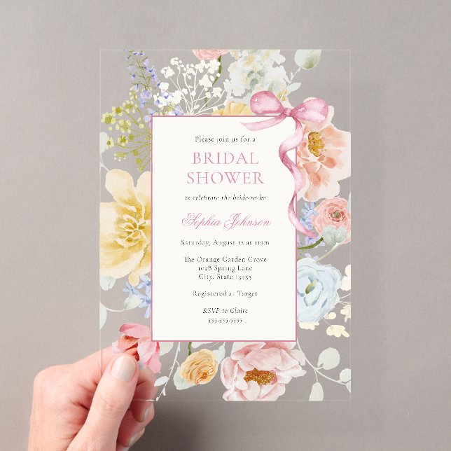 Pretty Pink Bow Wildflower Bridal Shower Acrylic Invitations (Insitu (Handheld))