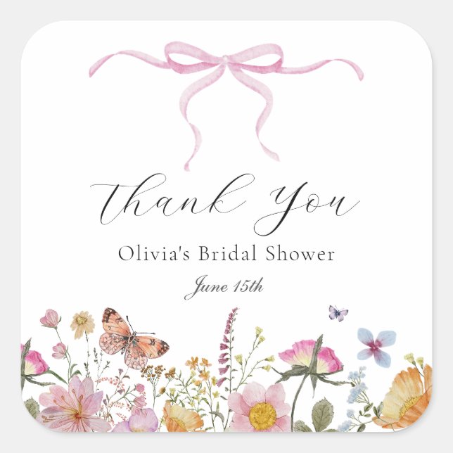Pretty Pink Bow Wildflower Bridal Shower Favour Ta Square Sticker (Front)