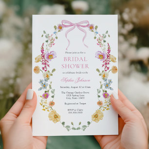 Pretty Pink Bow Wildflower Bridal Shower Invitation