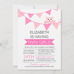 Pretty Pink Bunting Owl TWIN GIRLS Baby Shower Invitation