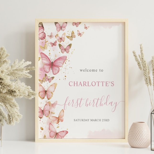 Pretty Pink Butterflies 1st First Birthday Welcome Poster (Creator Uploaded)
