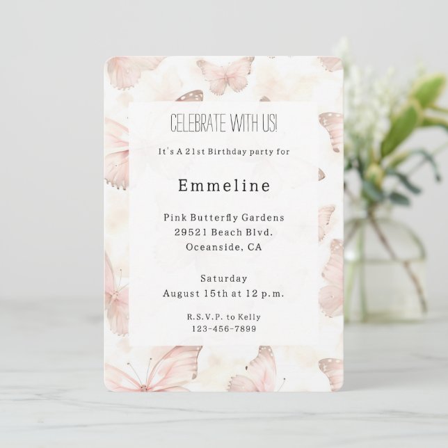 Pretty Pink Butterflies Birthday   Invitation (Standing Front)
