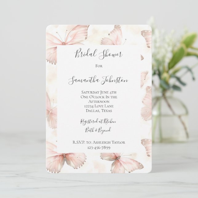 Pretty Pink Butterflies Bridal Shower Invitation (Standing Front)