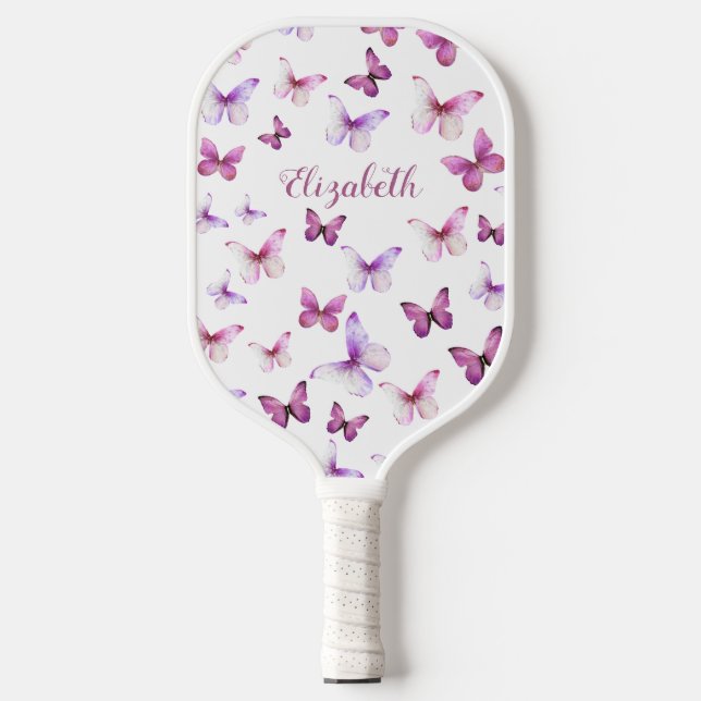 Pretty Pink Butterflies Custom Name Pickleball Paddle (Front)