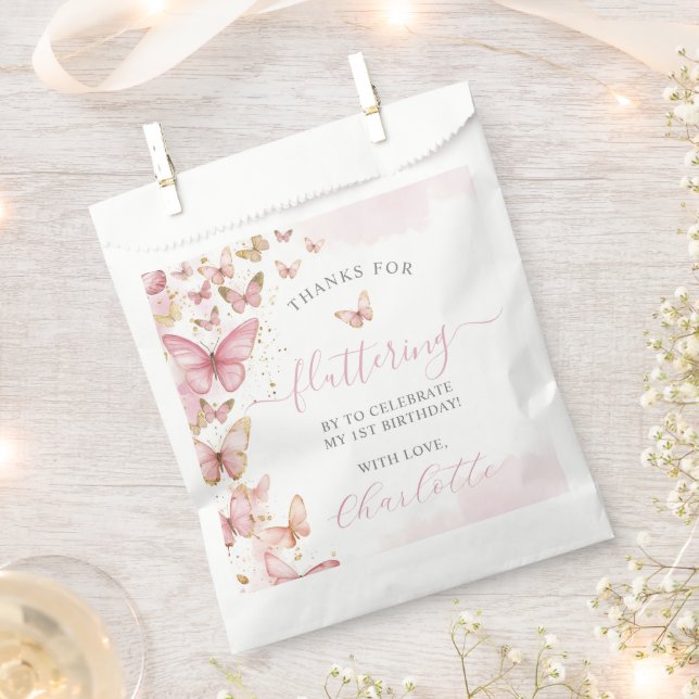 Pretty Pink Butterflies Sweet 16 1st 2nd Birthday Favour Bag (Clipped)