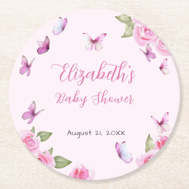 Pretty Pink Butterfly Baby Shower Coaster (Front)