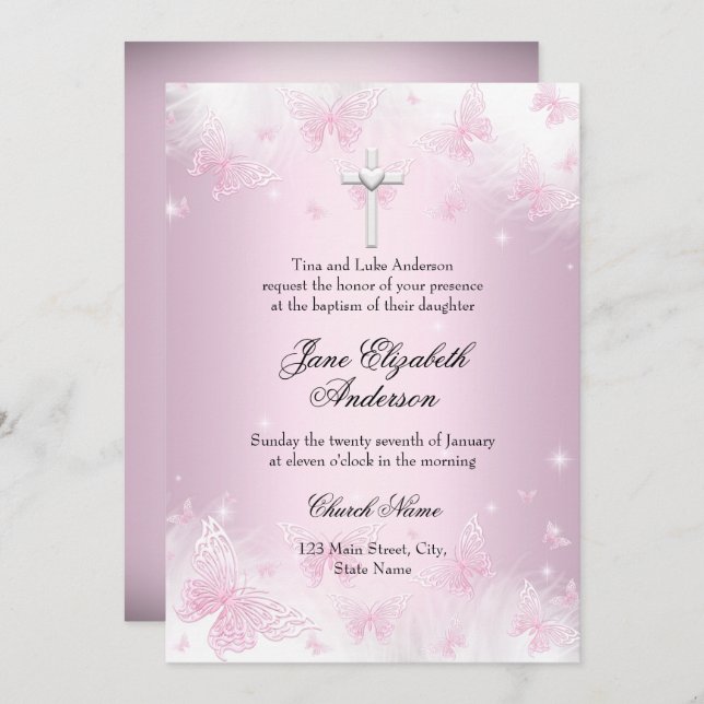 Pretty Pink Butterfly & Cross Baptism Invite (Front/Back)