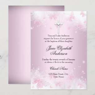 Pretty Pink Butterfly & Cross Baptism Invite