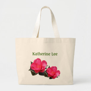 pretty pink camellia flower with name large tote bag