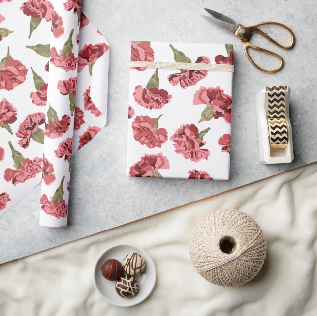 Pretty Pink Carnations Flowers on White Patterned Wrapping Paper (Crafts)