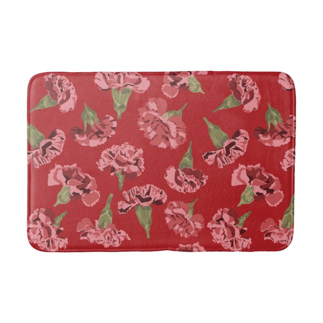 Pretty Pink Carnations on Red Patterned Bath Mat (Front)