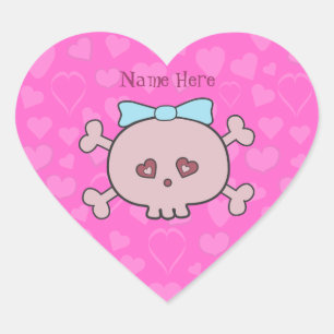 Pretty Pink Cartoon Skull & Hearts Personalized Heart Sticker