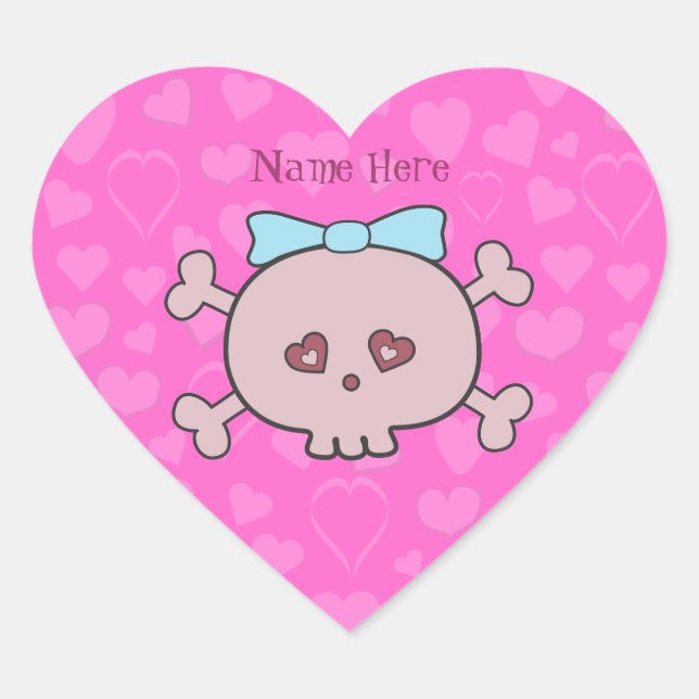 Pretty Pink Cartoon Skull & Hearts Personalized Heart Sticker (Front)