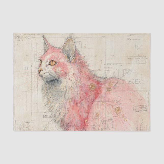 Pretty Pink Cat and Lines Illustrated on Parchment Tissue Paper (Front)