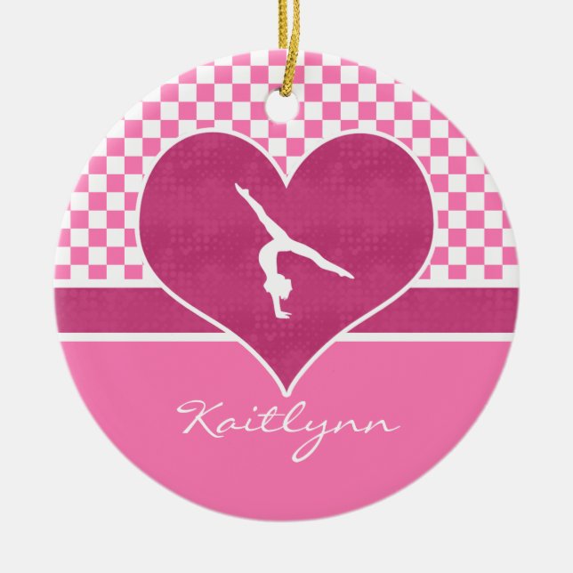Pretty Pink Chequered Gymnastics with Monogram Ceramic Ornament (Front)