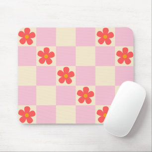Pretty Pink Chequered & Orange Groovy Daisy Flower Mouse Pad