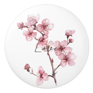 Pretty Pink Cherry Blossom Floral Love Ceramic Knob