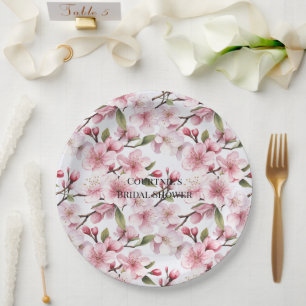Pretty Pink Cherry Blossom Flowers Bridal Shower Paper Plate