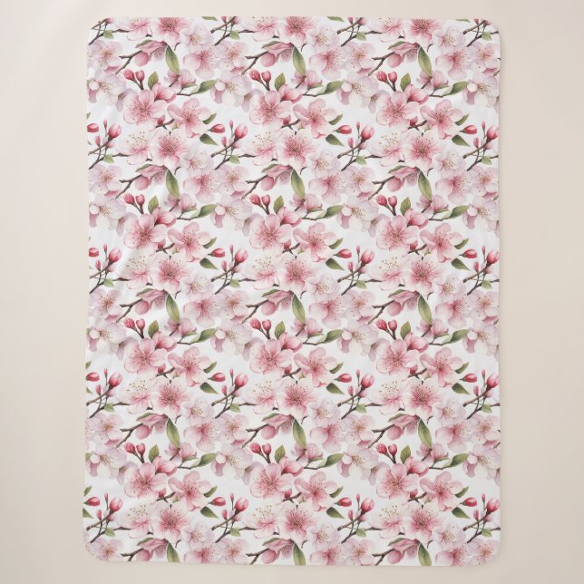 Pretty Pink Cherry Blossom Flowers Sherpa Blanket (Front)